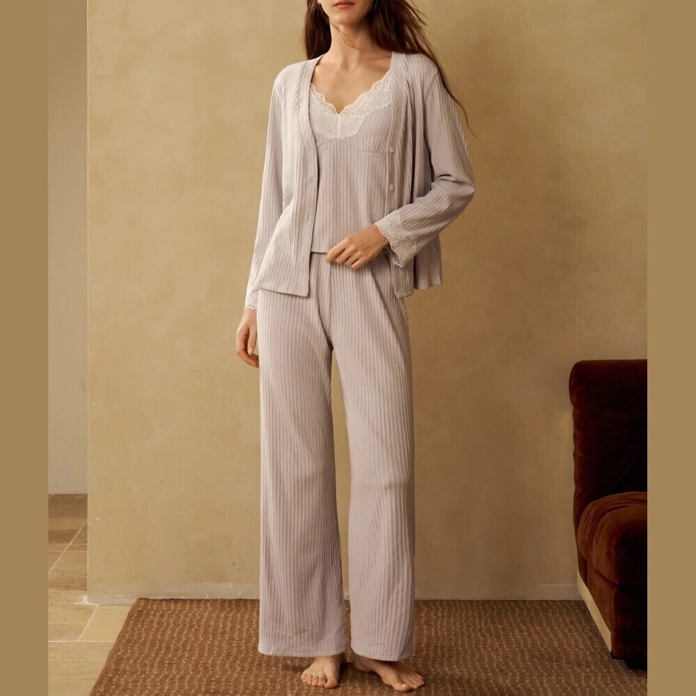 Gray Ribbed Knit Lace Trim Cami Top & Pants Pajama Set